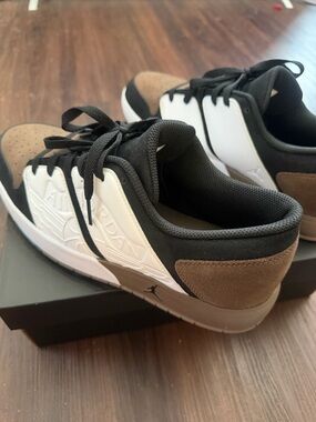 Jordan Low Sneaker in Black, White & Brown Suede Accents